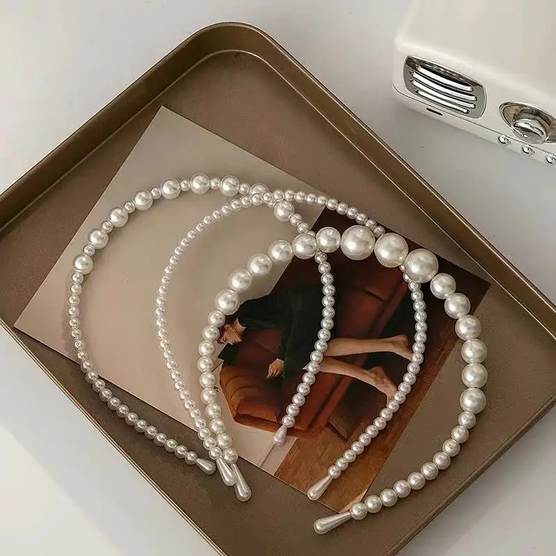 2021 Luxury Daily Wear White Pearl Beaded Headband Women  Handmade Elastic Pearl Bow Hair Accessories Hairband for Girls