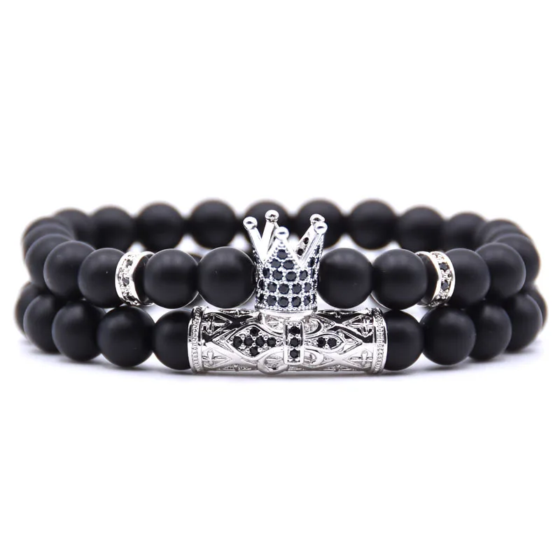 2Pcs/Set Natural Stone Man Classic Matte Black Bracelets Popular Pave CZ Small Crown Beaded Bracelet