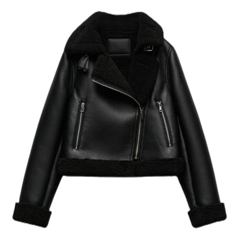 Black thick fur lapel with zipper long sleeves motorcycle leather jackets fleece jackets fur jacket women