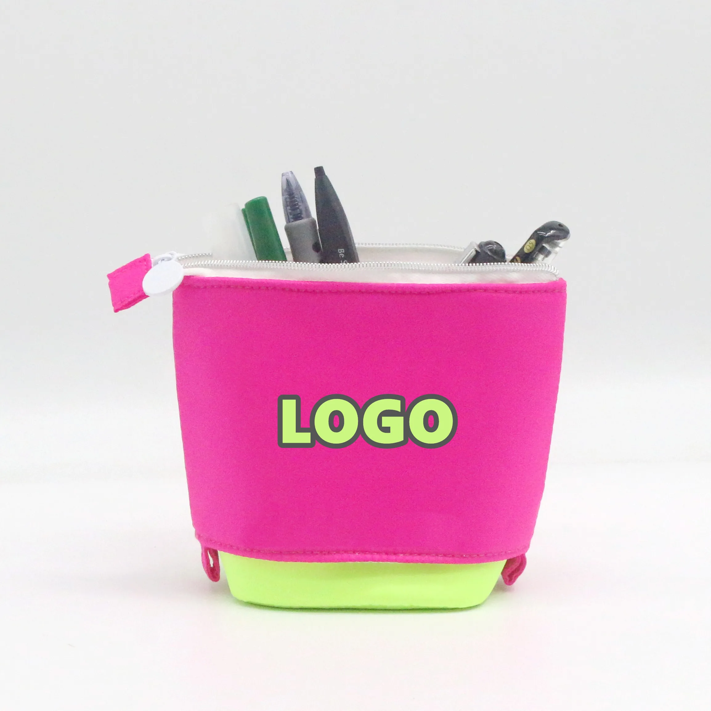 Hot Sale Popular Nylon Retractable Pencil Pouch Eye-catching Pink Green Nylon Stitching Pop-up Pencil Case Bag