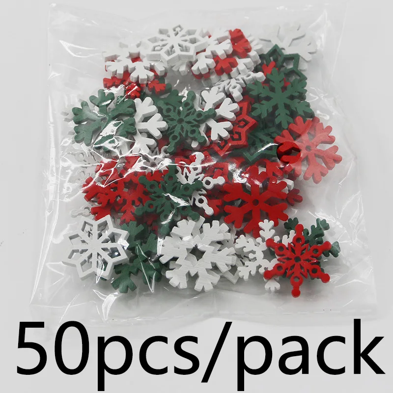 (50 Pcs/pack) Christmas Snowflakes Multi Colored Wood Flakes Hanging Decorations Wooden Crafts Xmas Tree Hanging Handmade DIY
