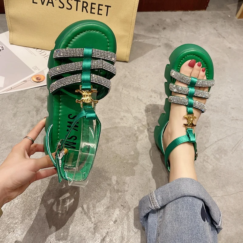 
Hot sales new models platform ankle strap with water drill colorful party wedding slides sandals dress shoes woman 