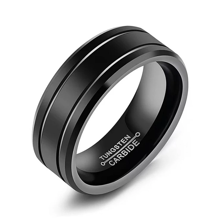 Y054 Hot Selling Minimalism Jewelry Black Center Grooved Beveled Edges Wedding PVD Stainless Steel Rings for Men