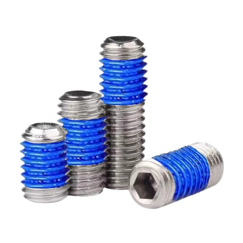 Wholesale Stainless Steel nylon thread locking Grub screws concave end Cup Point Set Screw with blue nylon locker