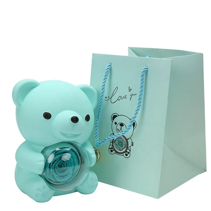 Luxury Little Bear Rotating Pink Blue Preserved Flower Jewelry Rose Gift Box For Rings And Necklaces