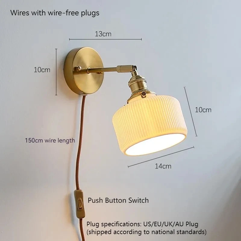 Brass Ceramic Lampshade Pull Wire Switch Swivel Sconce For Bedroom Bedside Wall Light Home Decoration Vintage Wall Lamp