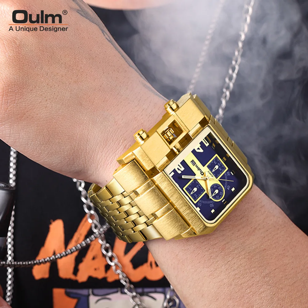 Oulm Hp3364B Large Dial Military Luxury Mens Style Casual Luminous Multifunction Alloy Quartz Square Gold Watches