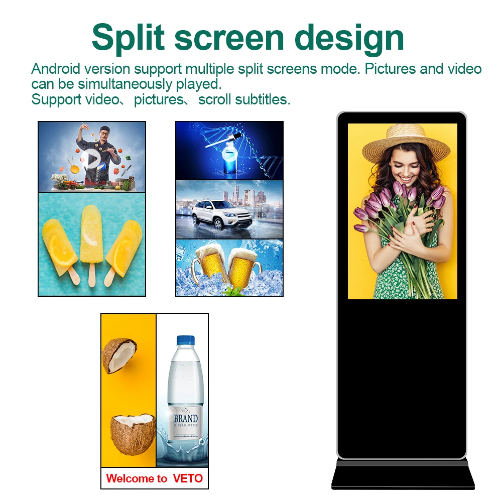 Floor standing advertising video player 43 49 55 inch indoor totem LCD digital signage