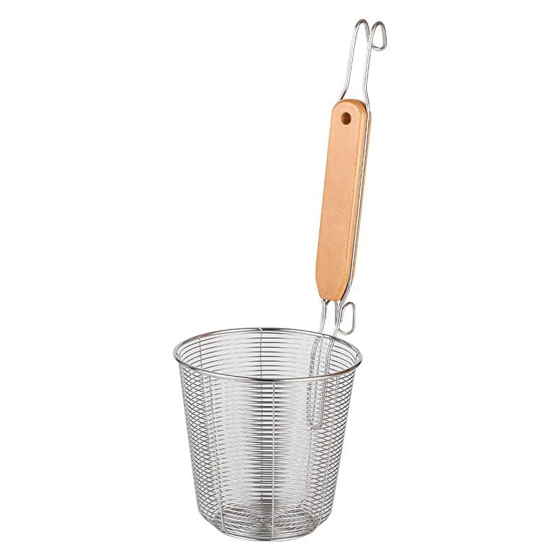 Mesh Spider Strainer Pasta Basket with Wooden Handle Stainless Steel Noodle Strainer Fry Colanders