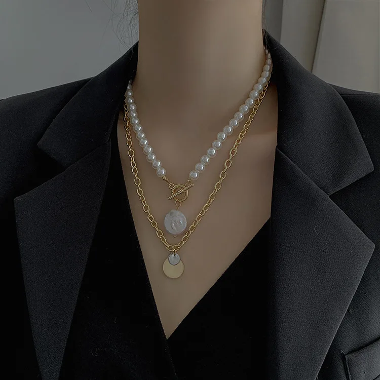 MNL30014 Two-piece pearl pendant fashion ins iron chain personality street baroque necklace choker sweater chain pearl necklace