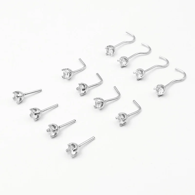 Luxury Bling 925 Sterling Silver Pierced Nasal Nail Crystal Zircon Nose Piercing Jewelry Sexy Body Jewelry