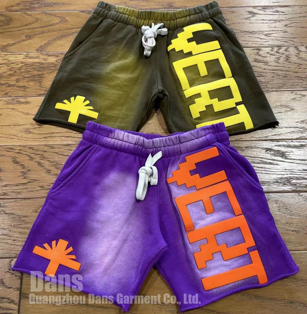 Custom 3D Puff Print Logo Graphic Street Wear Shorts Unisex Raw Hem French Terry Cotton Acid Wash Gradient Sweat Shorts For Men