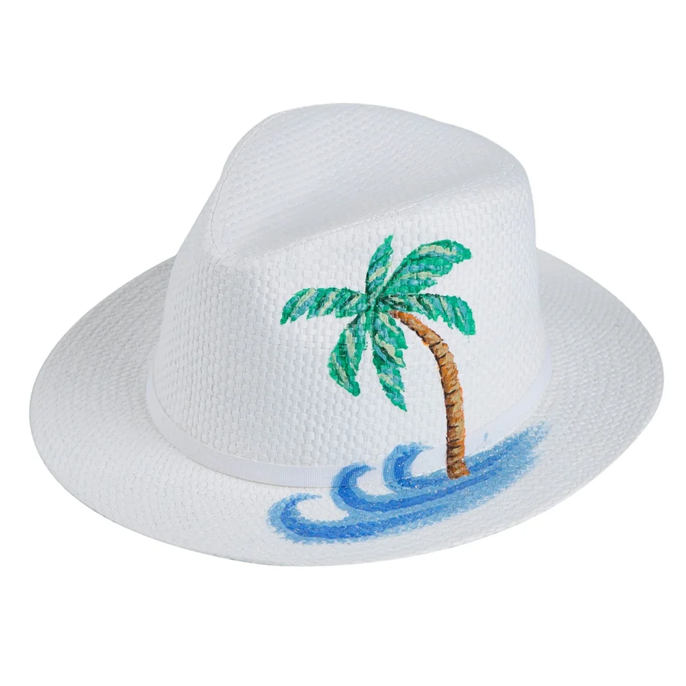 Hot Sale In Usa Market Coconut Tree Pattern Panama  New Design Summer Mens Beach Dicer Paper Straw Hat