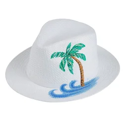 Hot Sale In Usa Market Coconut Tree Pattern Panama  New Design Summer Mens Beach Dicer Paper Straw Hat