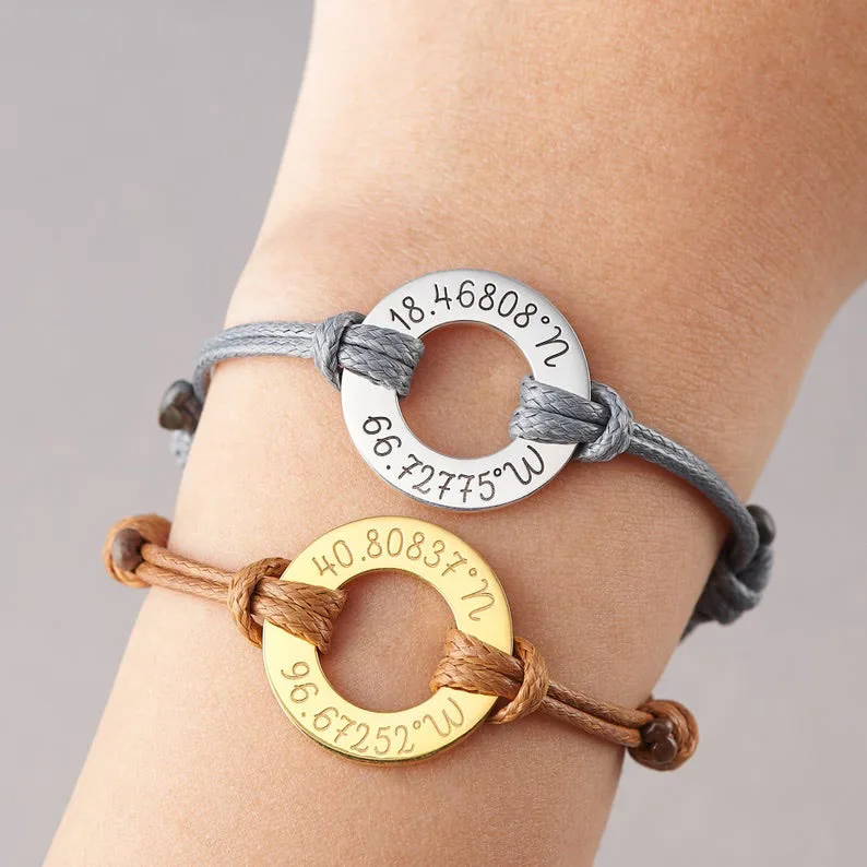 Stainless Steel Personalized Longitude Latitude Bracelet Engraved Washer Charm Circle Boyfriend Couple Matching Bracelet Set