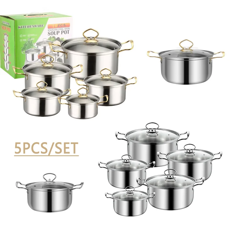 Factory Wholesale 10pcs Stainless Steel Soup Pots Cooking Pots Milk Pots And Pans casserole Kitchen Cookware Sets