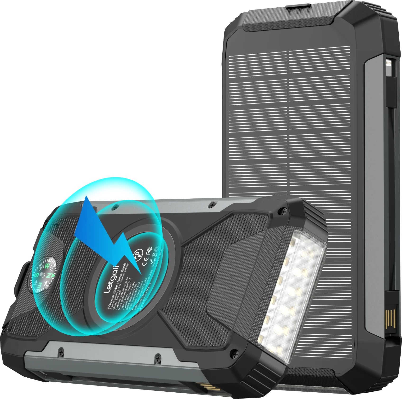 New Solar Power Bank PN-W25 20000mAh Qi Wireless Charger with  LED Flashlight Build in Cables TYPE-C USB Power Bank