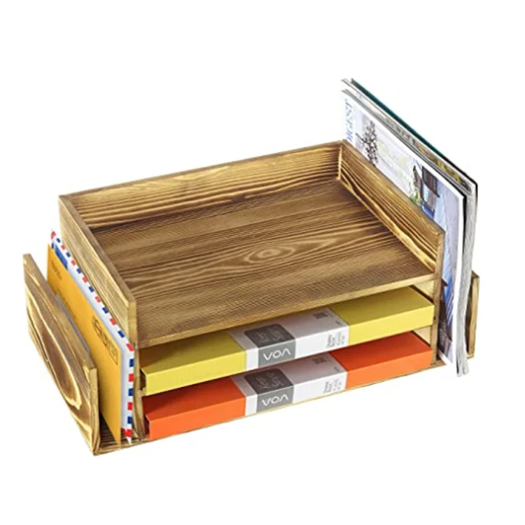 High quality 3 tier wooden files desk storage magazine file holder organizer rack desktop document tray