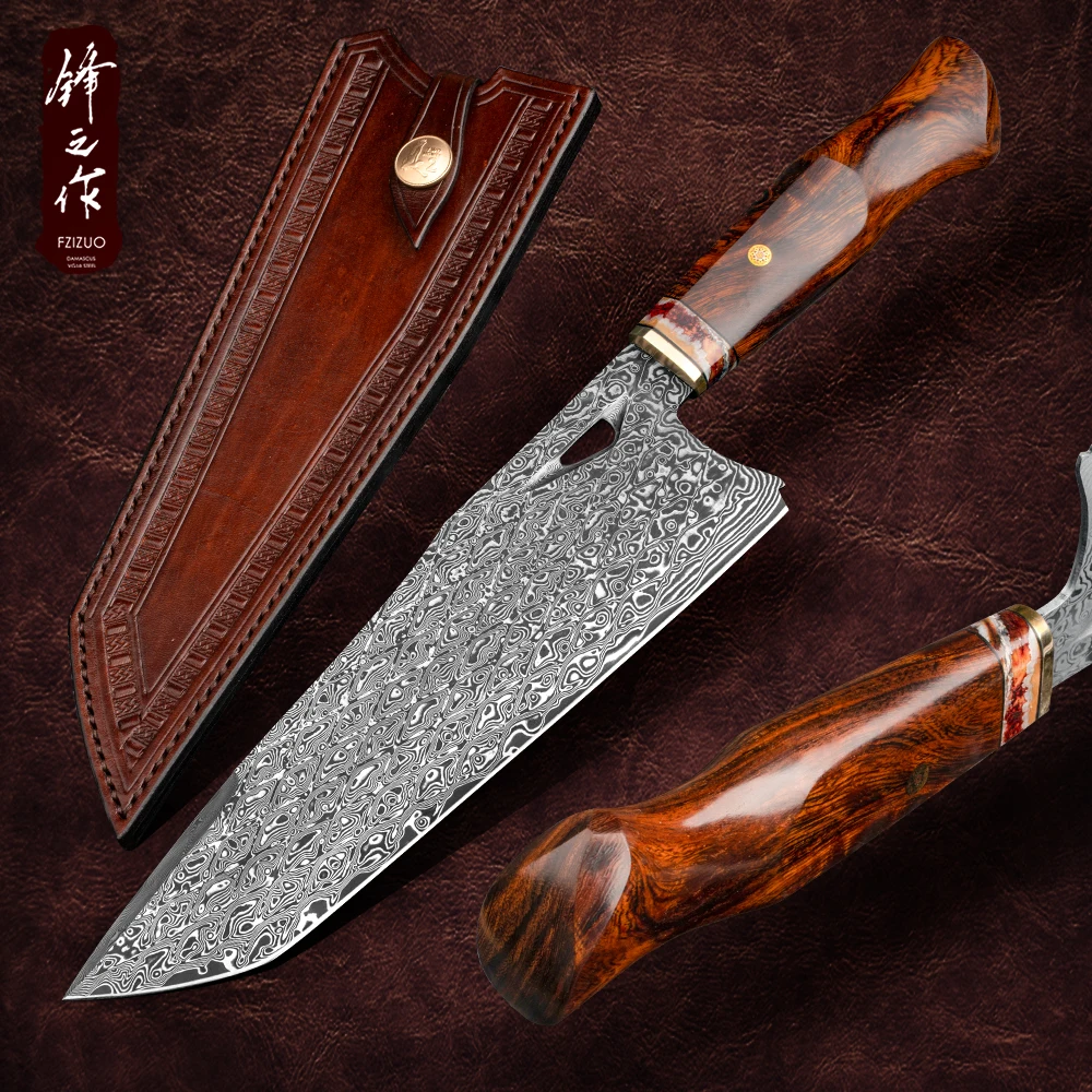 Professional Handmade 8in Ironwood and Fossil Handle Japanese VG10 Damascus Kitchen Chef Knife with Leather Sheath