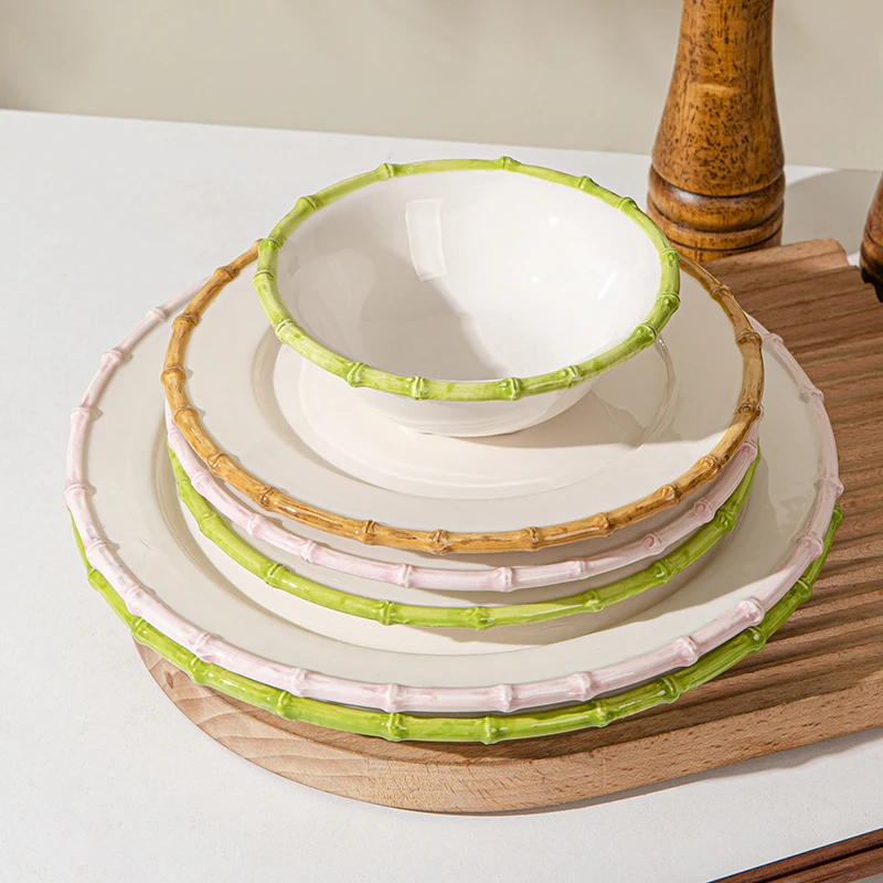wedding event rental  dinnerware  round brown green pink ceramic porcelain dinner plate with bamboo rim