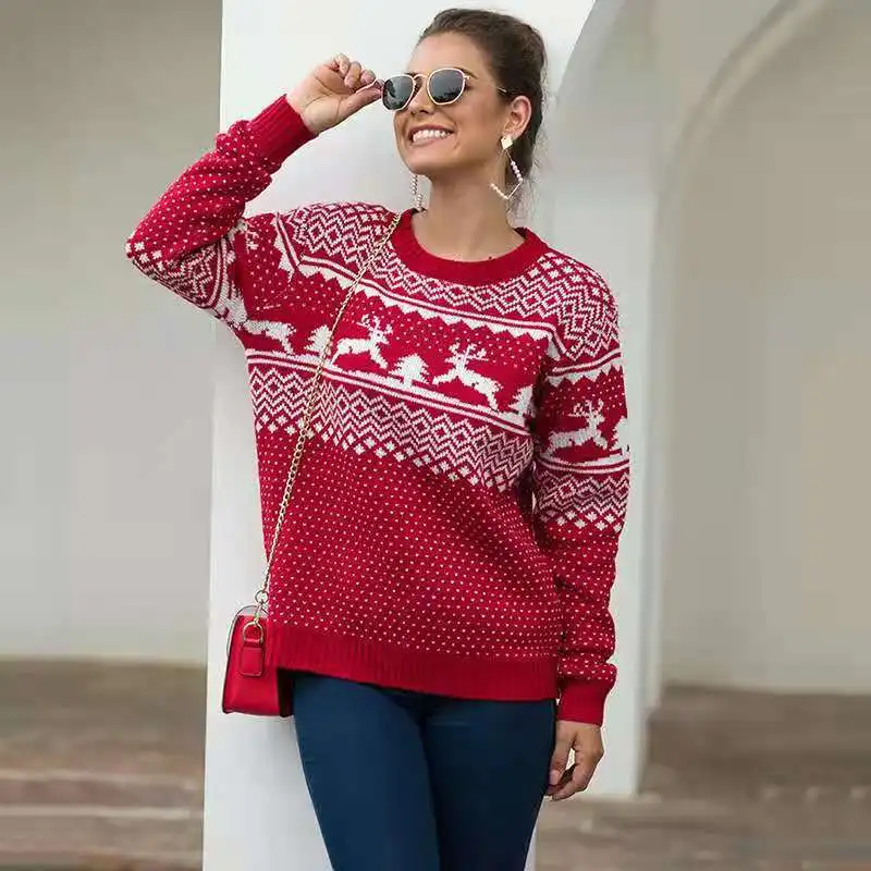 2021 Round Neck Long Sleeve Pullover Fawn Women Funny Ugly Ladies Merry Patterned Christmas Sweater