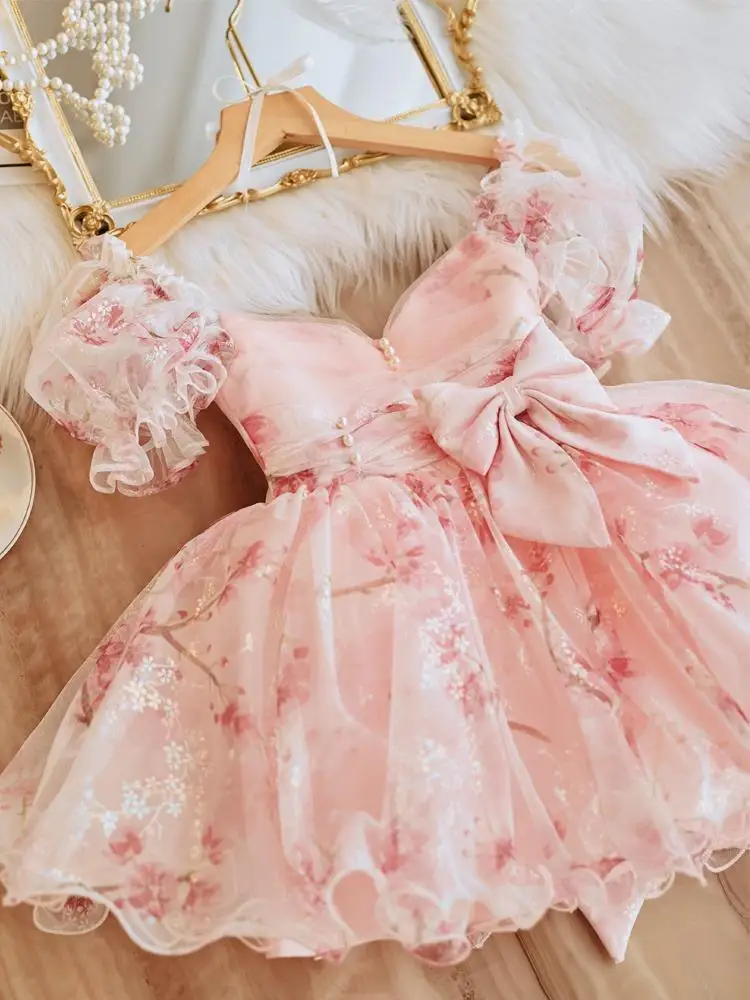 2024 Princess pink flower dresses for Baby Girls Birthday Wedding tulle dress frock clothing wholesale