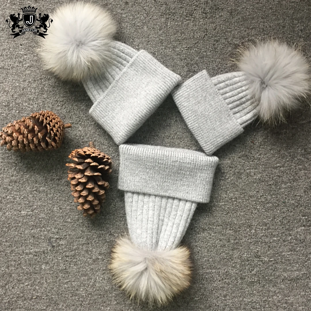 Wholesale Raccoon fur pom kids crochet angora beanie winter hat with top ball