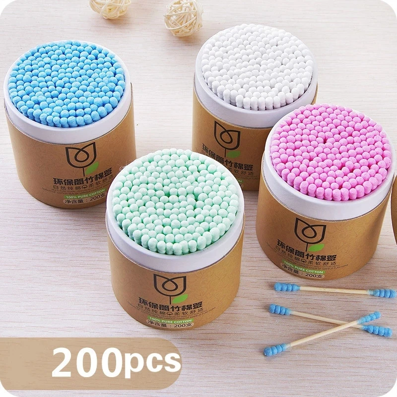 200pcs/box baby wooden stick soft cotton swabs ear cleaning hygiene soft bamboo swabs