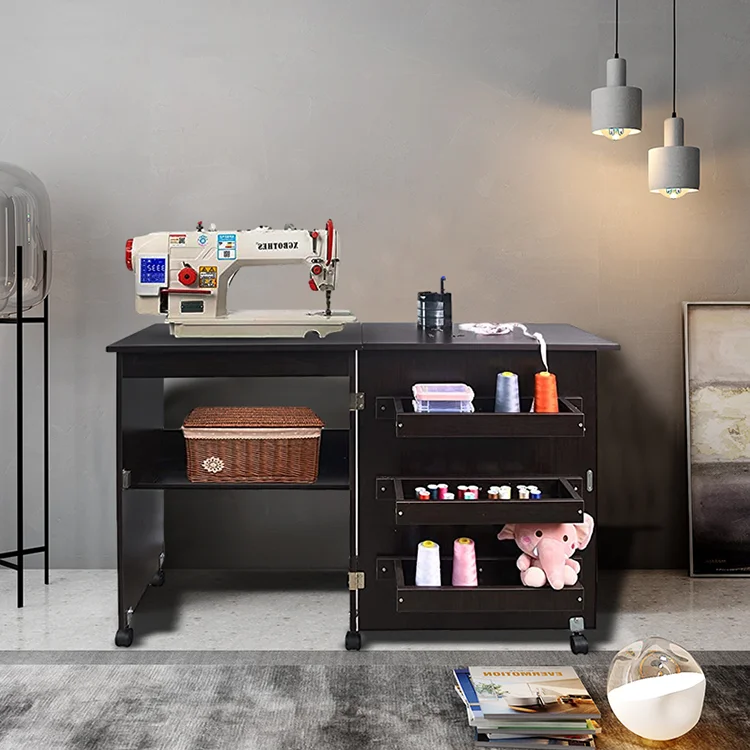 
Sewing Cabinet Miscellaneous Sewing Kit Art Desk with Storage Shelves and Lockable Casters White Sewing Table// 