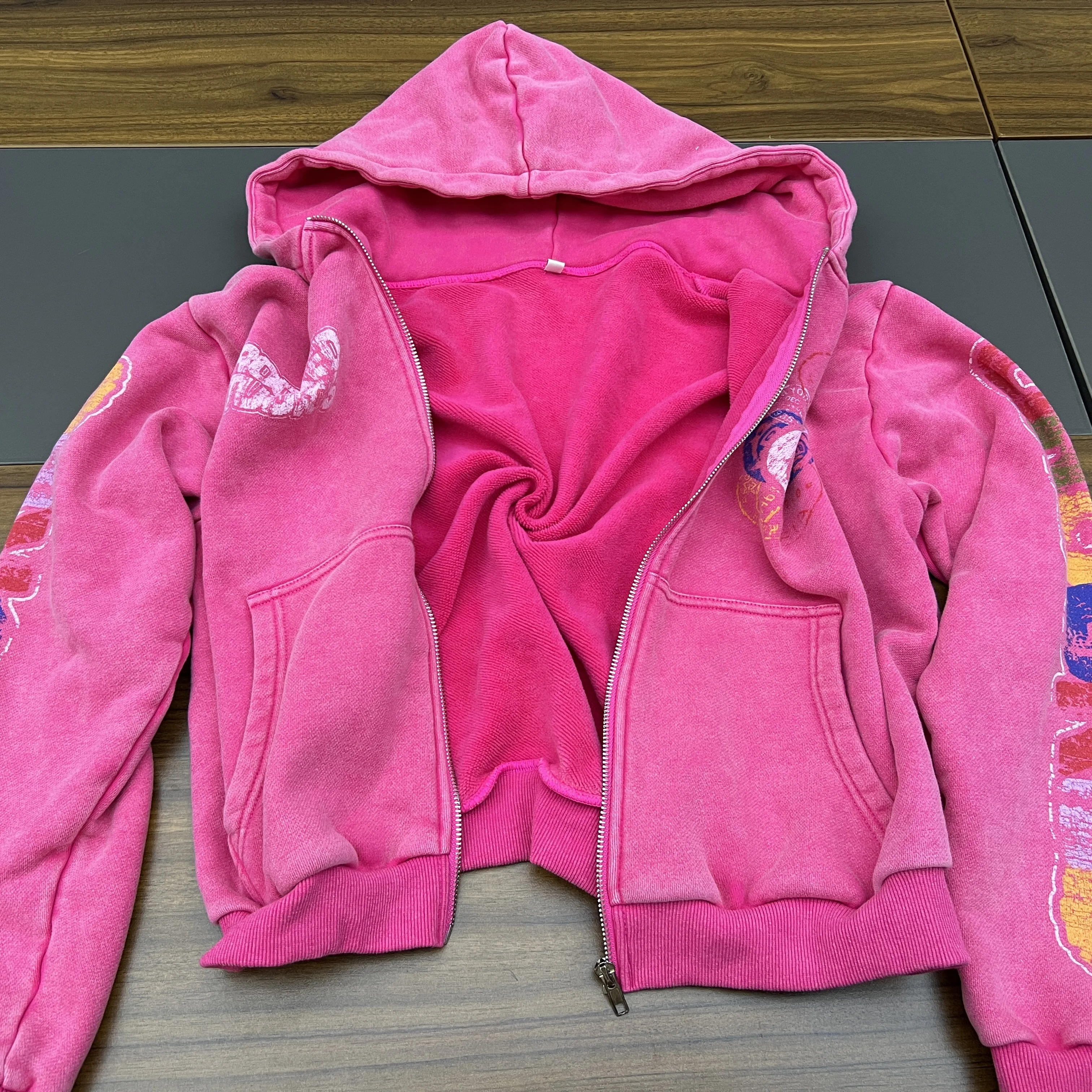 Customized Metal Zipper Hoodie Heavyweight hoodie Customized GSM  Cotton Customized Logo Acid Washing Hoodie