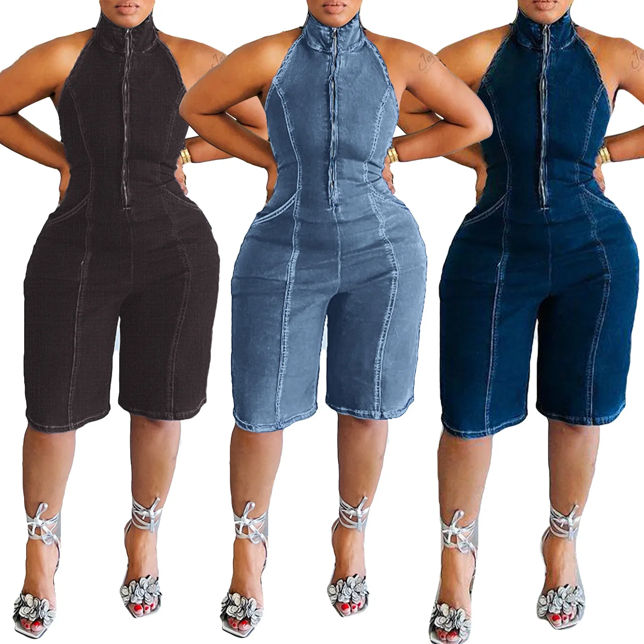 F88558 2024 new arrivals blue sleeveless jeans denim jumpsuits shorts jumpsuits outfit for women one piece jumpsuit
