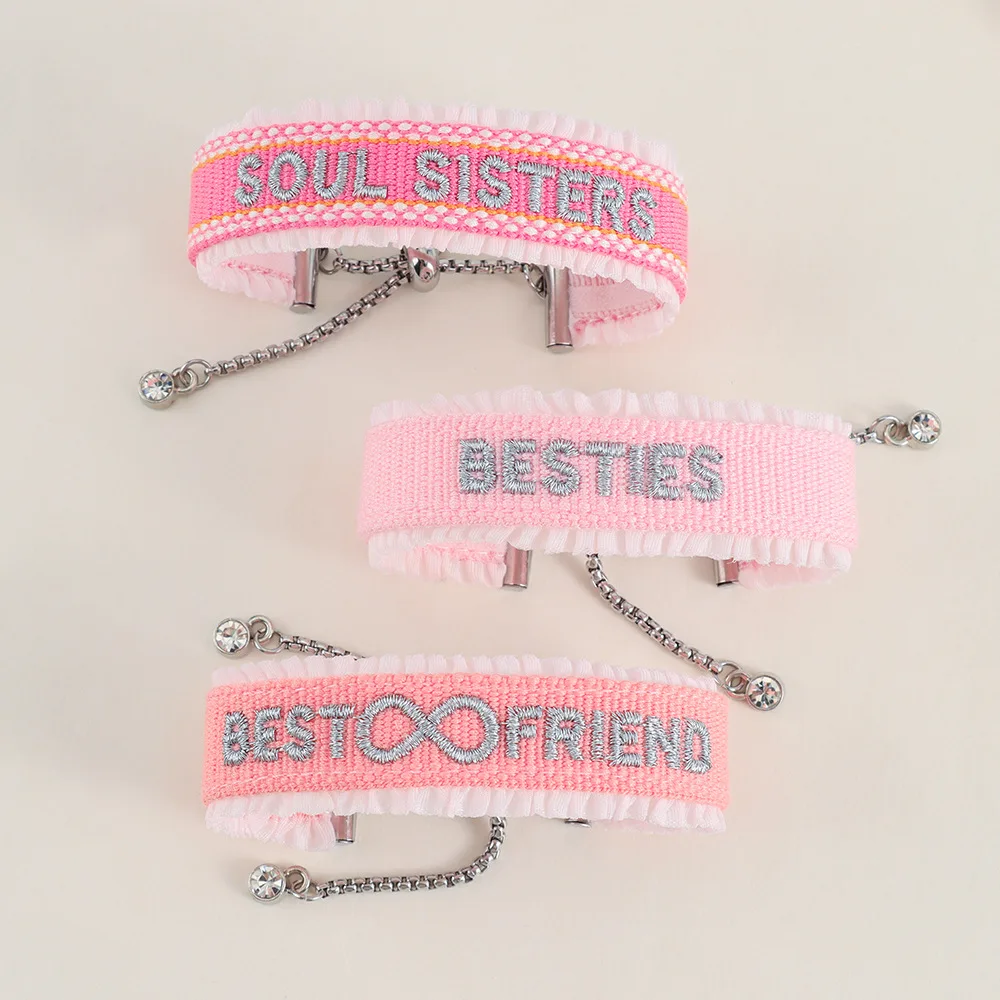 Embroidery BESTIES pattern text design Custom Lace edge Decoration Custom Woven Girls Women School Team Bracelets