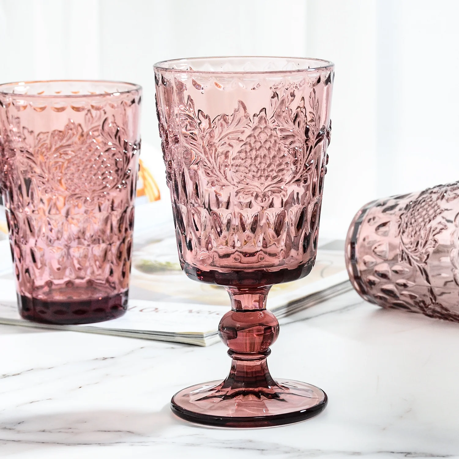 Samyo custom wedding glassware vintage Raspberries design pink colored drinking glass goblet red wine glasses