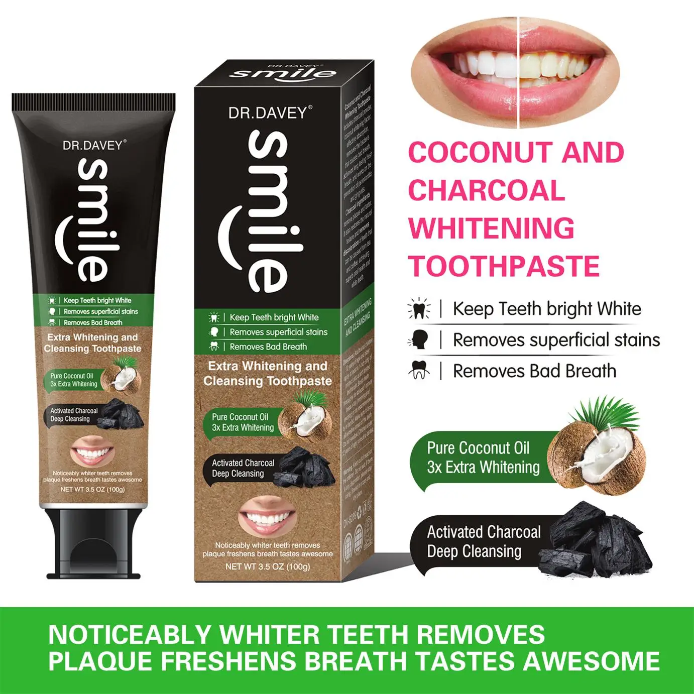 Dr.Davey Powerful Whitening Toothpaste Contains With Charcoal Coconut Oil Remove Tartar and Dentine
