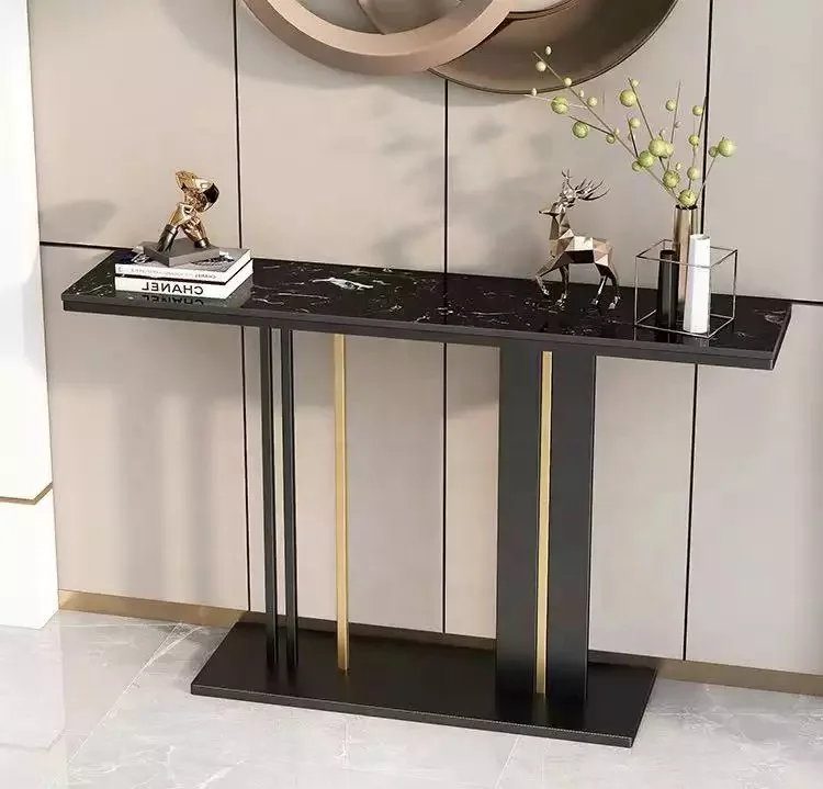 120CM Modern White Marble Pattern Tabletop TV Console Table Entryway Porch Table with Black Legs
