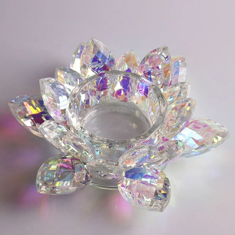 Wholesale Rainbow Colorful Crystal Glass Lotus Flower Shaped Candle Holders For Wedding Decorations