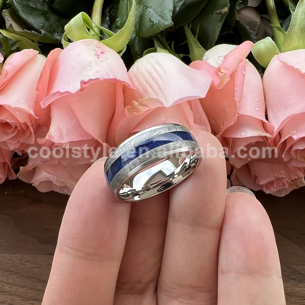 8mm Men Women Wedding Band Titanium Rings Real Meteorite & Lapis Inlay Domed Comfort Fit Tungsten Stainless Steel Available
