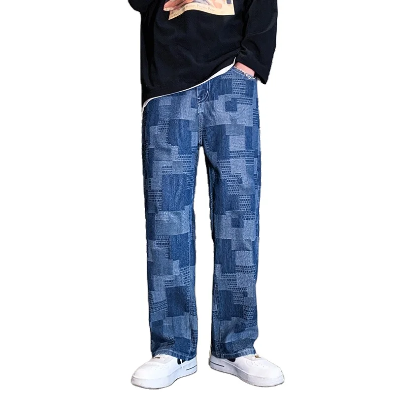 AIPA Men Design Sense Street Personality High Waist Pants Loose Slim Straight Drag Plaid Patch Loose Leg Pants
