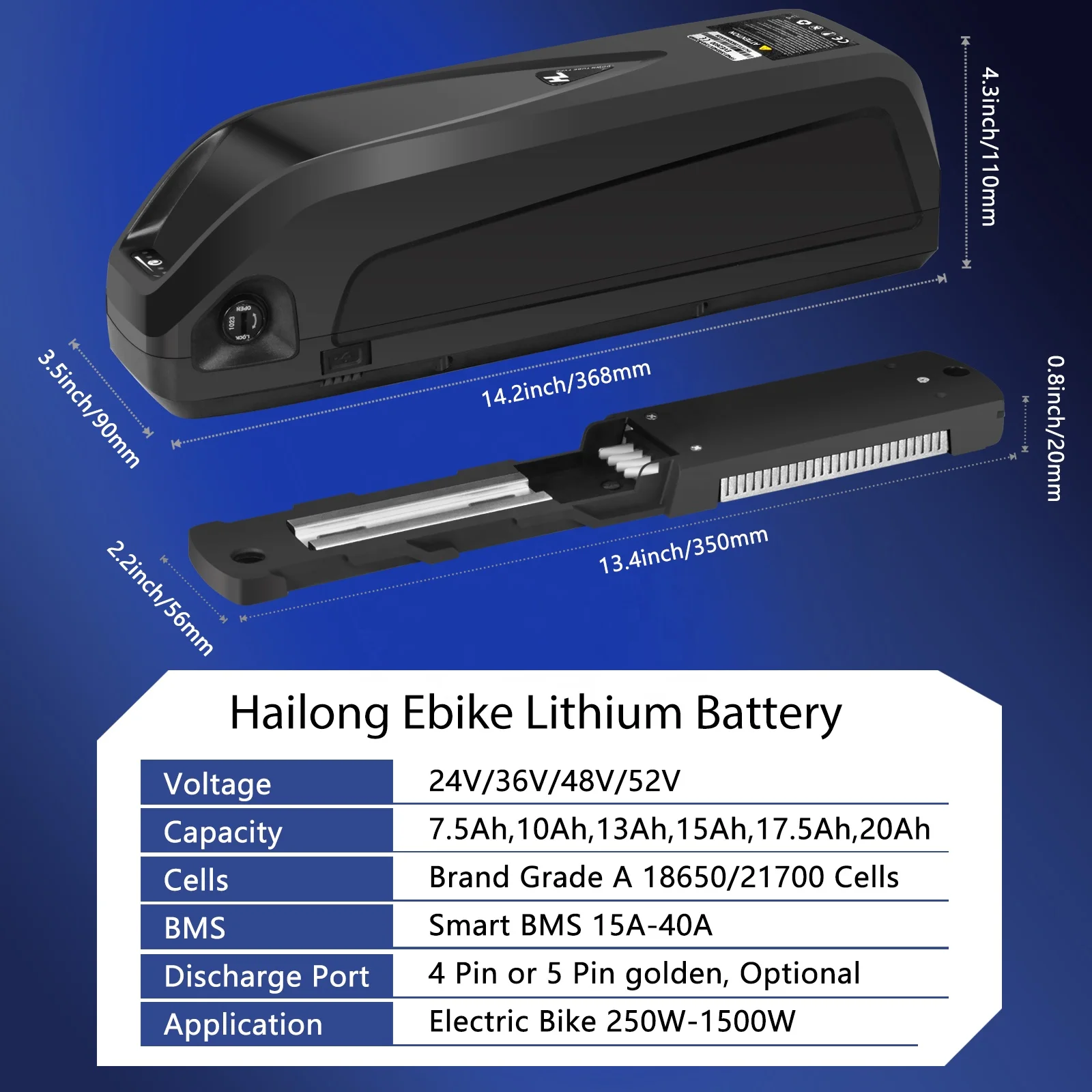 Hailong Downtube Electric Bicycle Battery 36V 48V 52V 10Ah-20Ah 18650 21700 Lithium Battery Pack for Electric Bicycle 250W-1500W