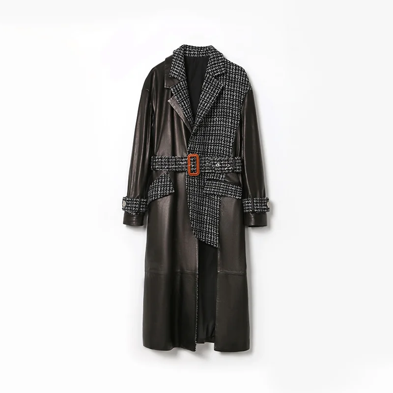 wholesales leather  price motorcycle leather jacket women fur long coat  with belt can custom plus size