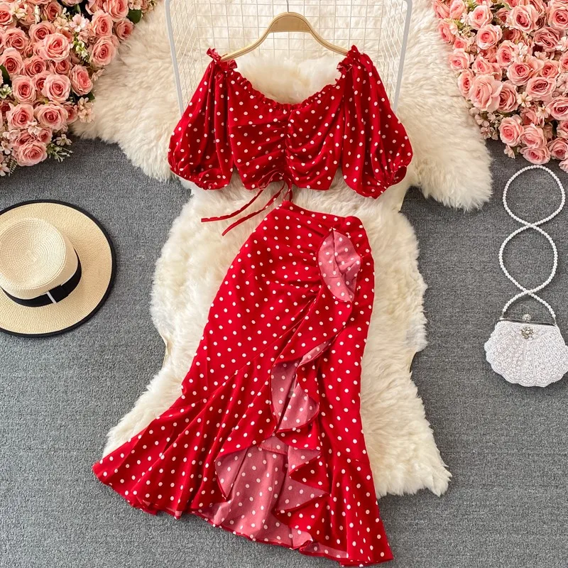 Floral Bubble Sleeve Short Jacket Seaside Holiday Suit High Waist Flounces Fishtail Skirt Summer