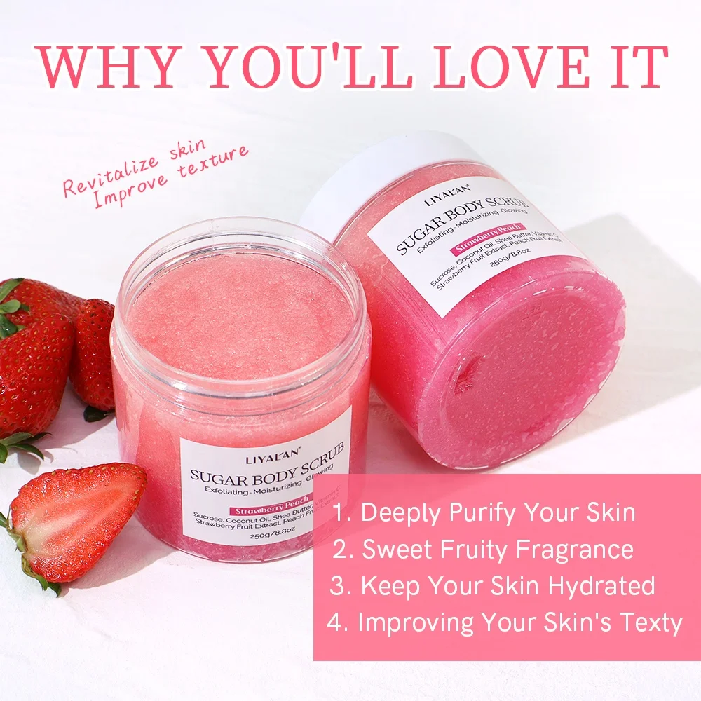 Private Label Strawberry Peach Scrub Bath Exfoliating Moisturizing Hydrating Vegan Fruit Sugar Body Scrub