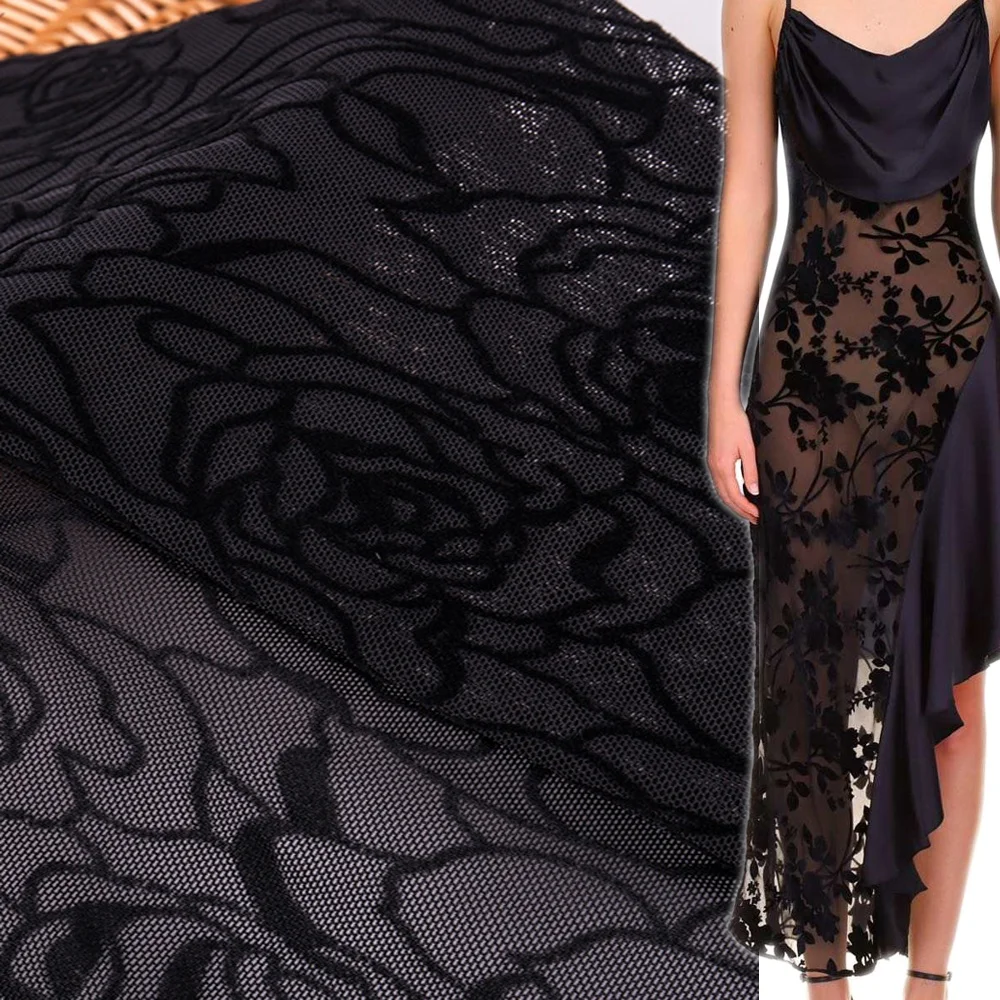 Custom Print Black Velvet Rose Flower Pattern Burnout Mesh Fabric High Quality Floral Sheer Flocked Nylon Tulle Fabric For Dress