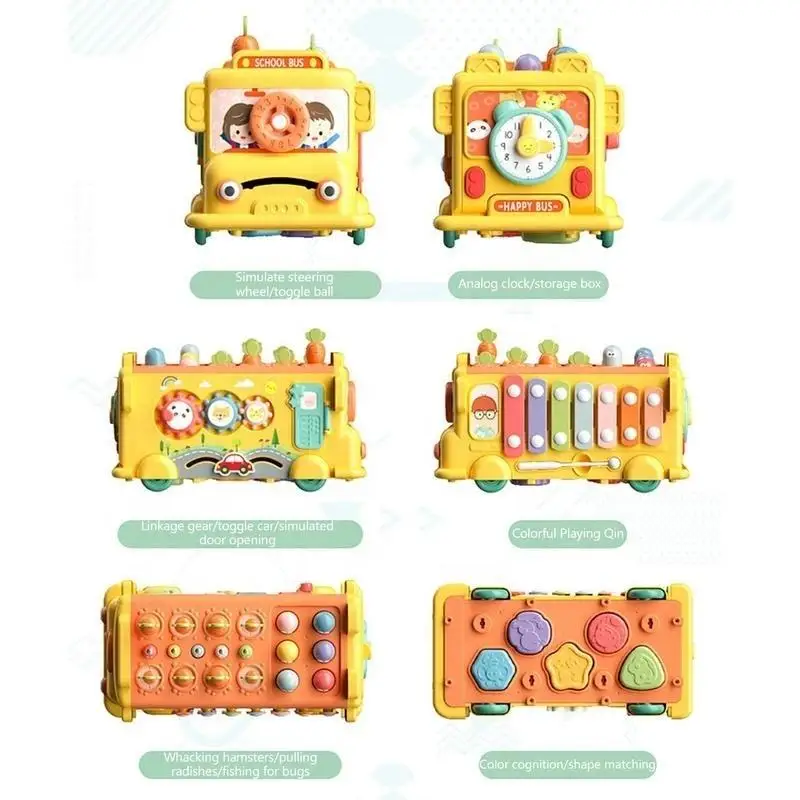Early Education 6 In 1 Multi Functional Bus Car Toy Whack A Mole Xylophone Sensory Montessori Activity Toys For Baby