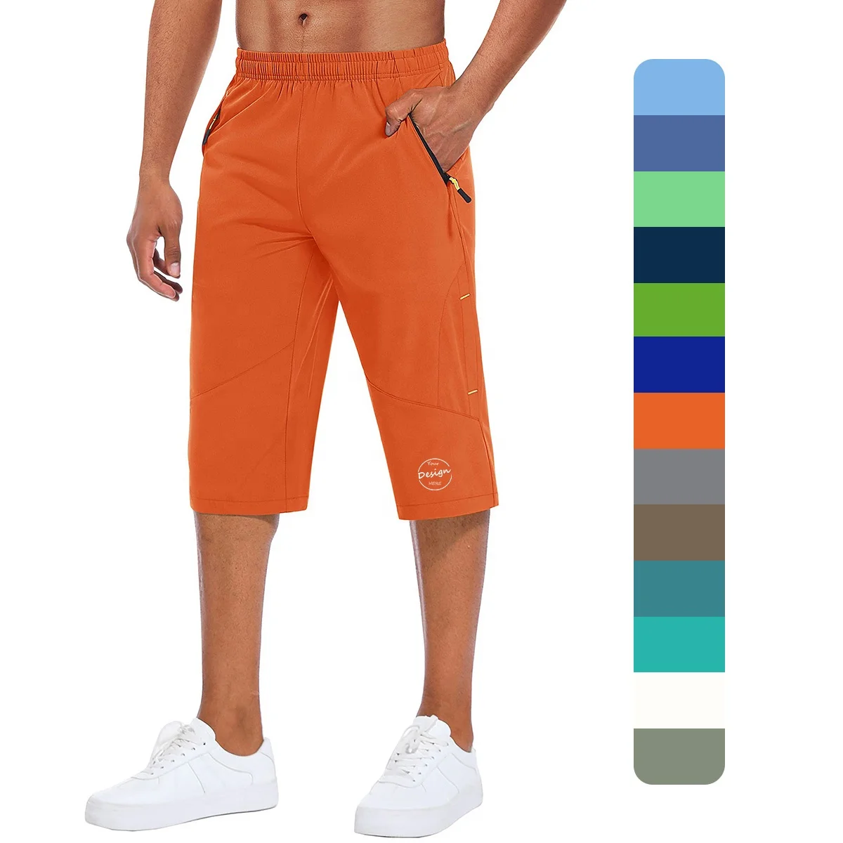 High Quality Casual Loose Fit Lightweight Elastic Waist Straight-Leg Zipper Pockets Capri Pants Men Leisure Wear