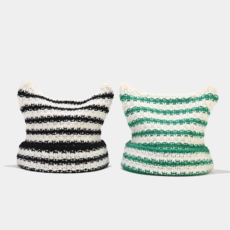 Custom Women Crochet Cute Stripe Skull Knit Beanies Winter Warm Hat with Ears Cat Ear Beanie