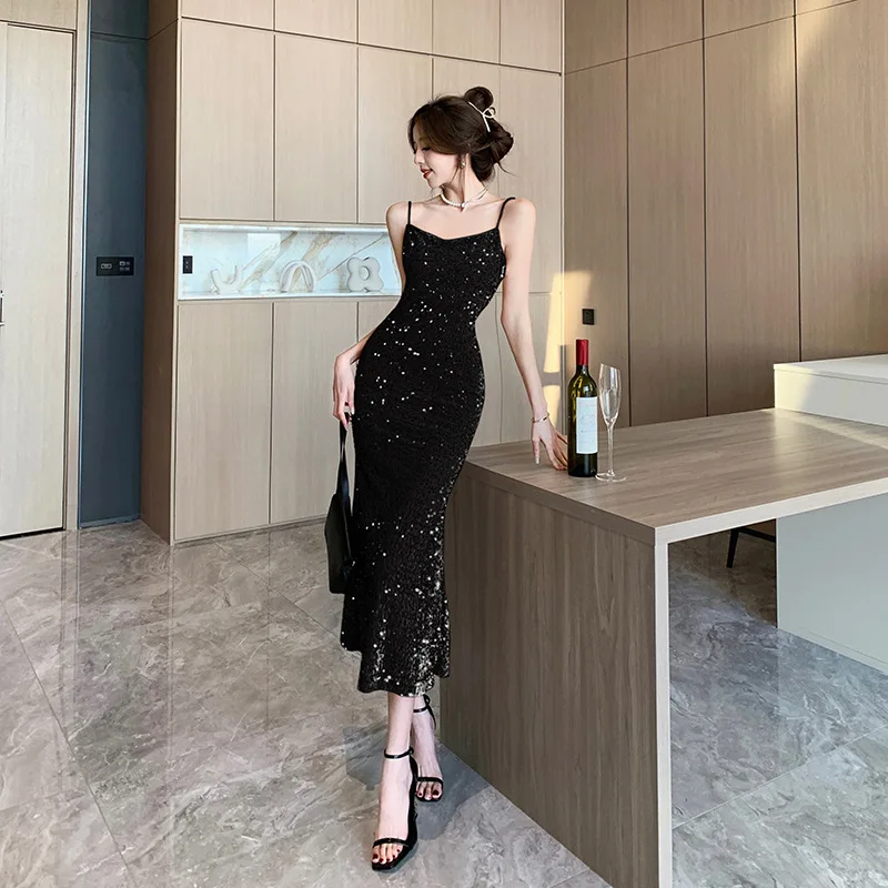 Shiny Velvet Sequined Sexy V-Neck Evening Sling Dress Long Fishtail Skirt