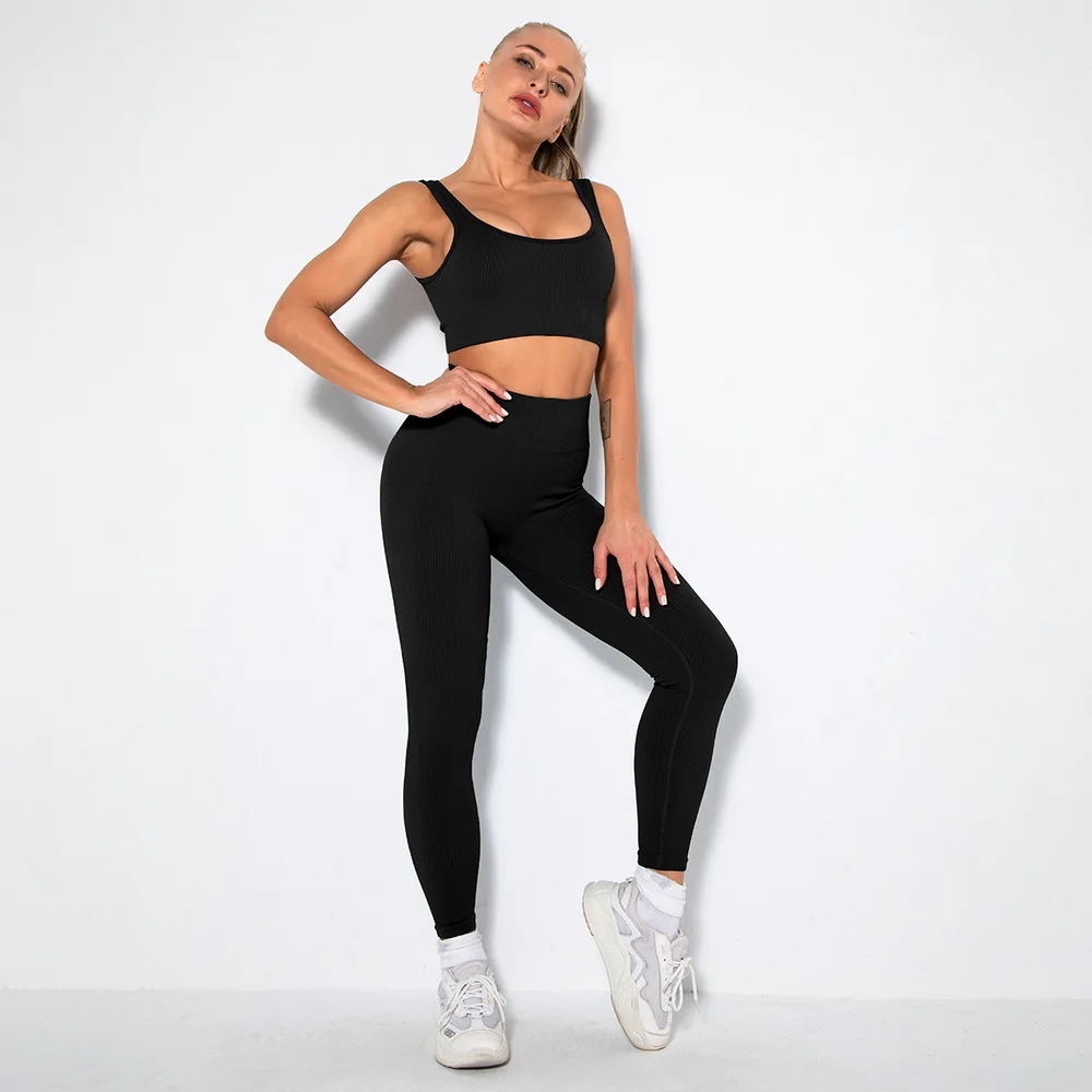Wholesale Ready to ship women Activia Seamless Ribbed crop top Sets 2 Piece Legging Bra Gym Fitness & Yoga Wear set