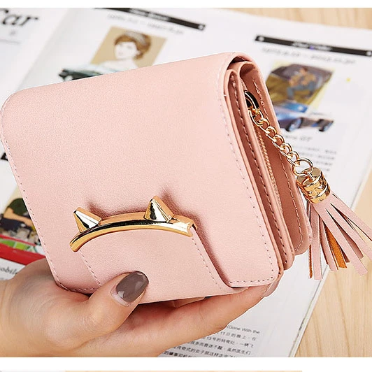 Wholesale Ladies Fashion Tassels Cute Cat Style Short Women Card Holder Wristlet Wallet Clutch