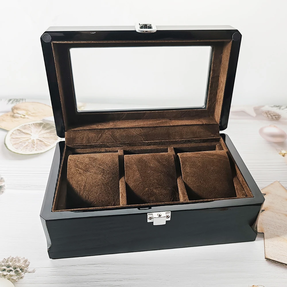 Luxury Wooden Watch Storage Box 3 slots with glass cover watch display collection case